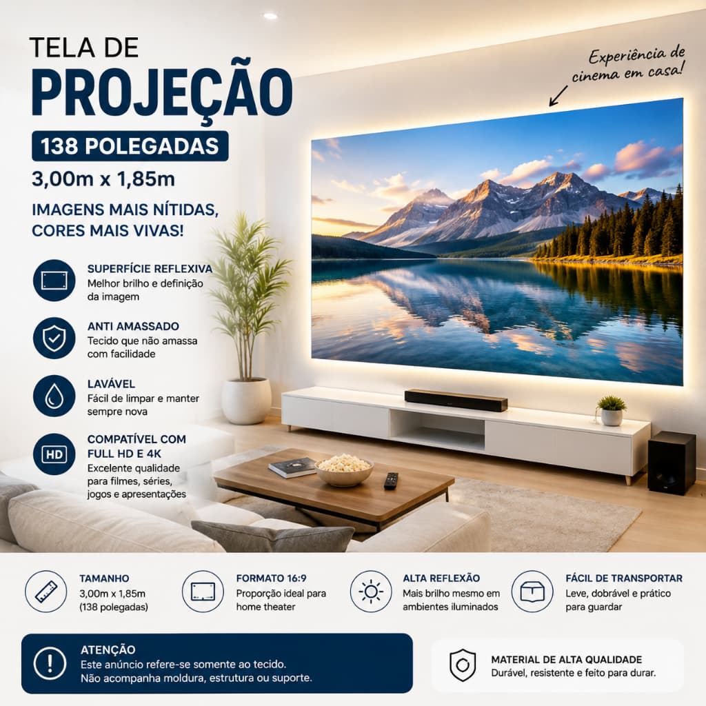 Tela de Projeção 138 Polegadas 3x1,85m para Projetor Full HD 4K Reflexiva Lavável Anti Amassado