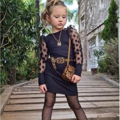 Vestido Canelado - Manga Tule Inteira - Infanto Juvenil - Do 02 ao 16 - Blogueirinha Mini Diva