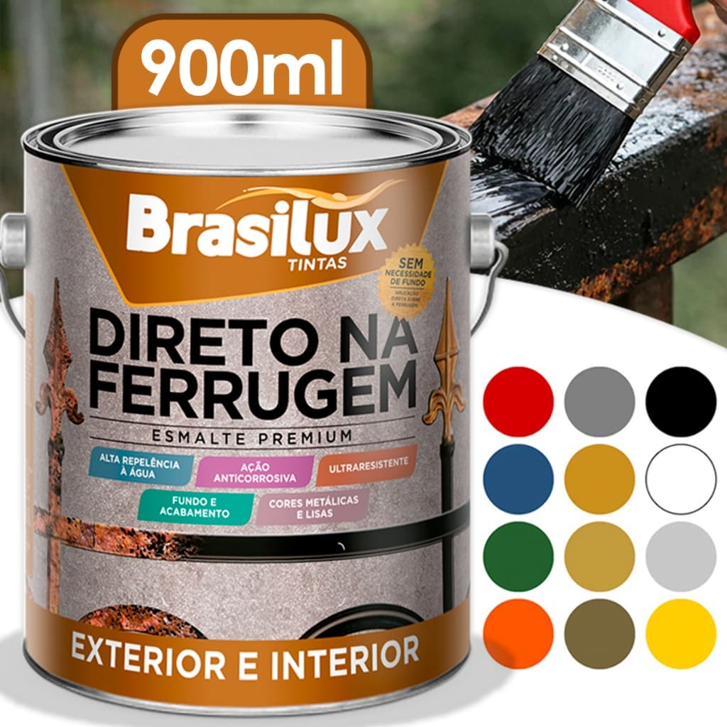 Tinta Direto na Ferrugem Esmalte Sintético 900ml Brasilux Todas as Cores Disponíveis