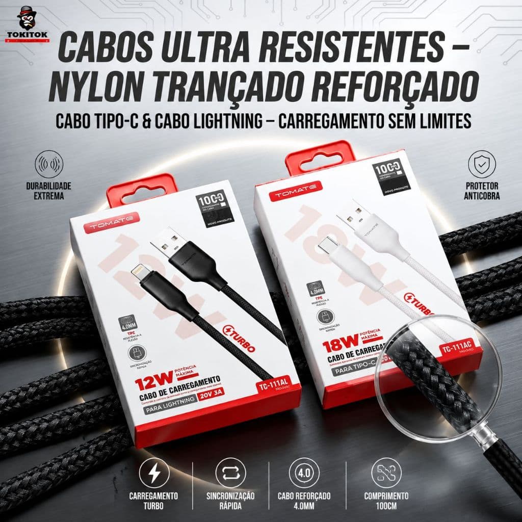 Cabo de Carregamento com TPE 4.0mm Antiflexão – Escolha Lightning 12W para iPhone ou Type-C 18W para Android