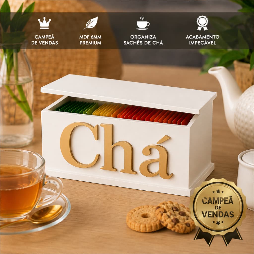 Caixa Chá Em MDF Branco Copm Divisórias Cantinho Do Café