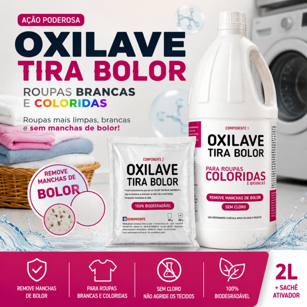 Oxilave 2L Tira Bolor Manchas de Roupas Removedor de Mofo Encardidos Odores sem Cloro