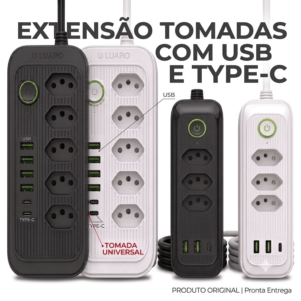 Extensão Tomadas com USB e TypeC Universal Bivolt 110v-250v 2500W Power 2m Filtro De Linha Segurança