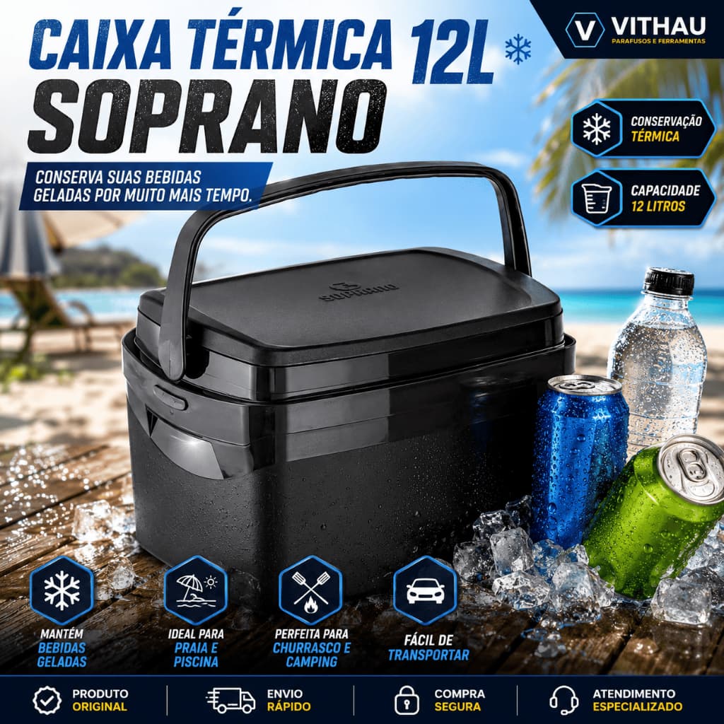 Caixa Térmica Cooler 12L Soprano Preta Conserva Bebidas Geladas Com Alça