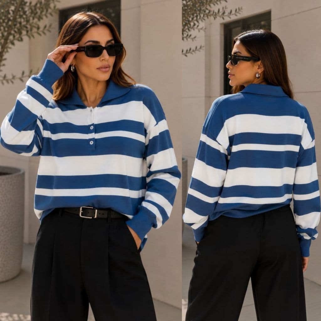 Blusa Tricot Gola Polo Listrada Oversized Modal com Mangas compridas e Botões Blusa de Frio Confortável