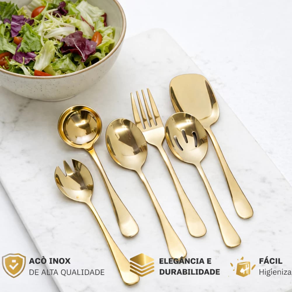 Conjunto Premium de 6 Talheres Para Servir Em Aço Inox Dourado