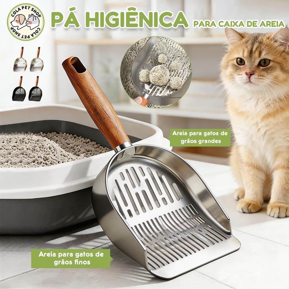 Pá Higiênica para Gatos Aço Inox 304 Peneira Coletora para Caixa de Areia Cabo de Madeira Fácil de Limpar