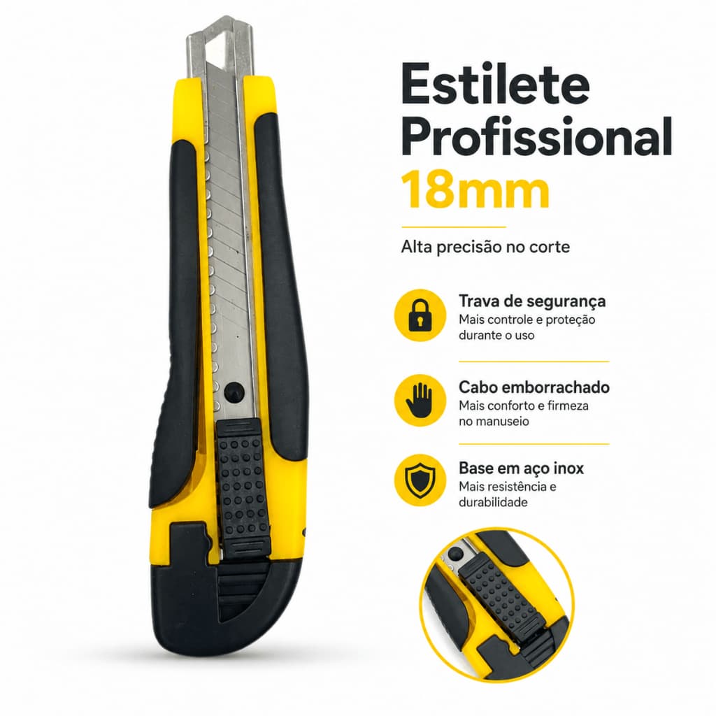 Estilete Profissional, Com Trava, Lâmina 18mm e Com Cabo Emborrachado h