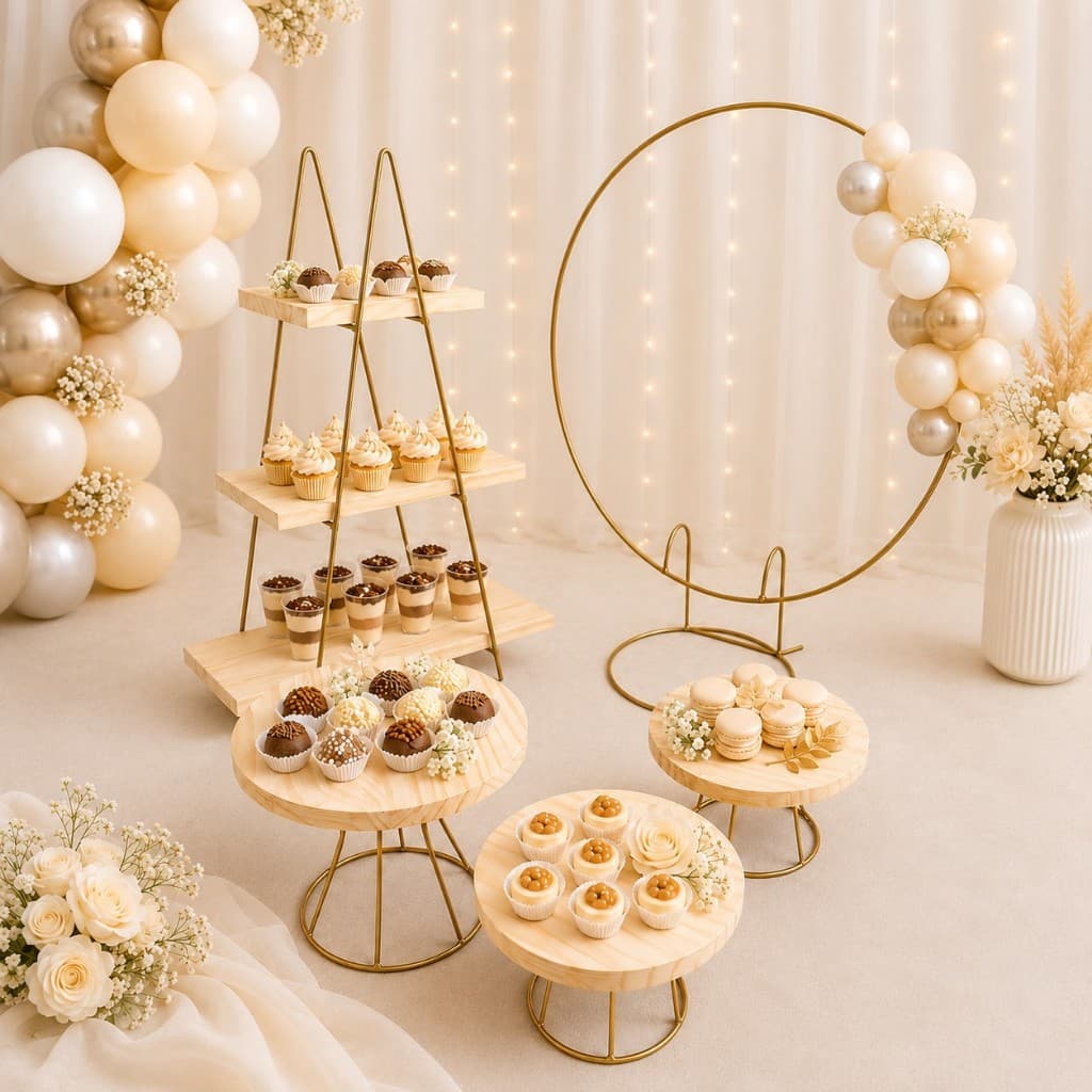 Kit Decoração Festa Dourado Boleiras Escadinha Mini Arco Mesa de Doces Aniversário Casamento 5 Peças