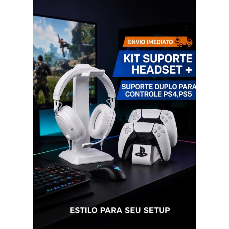 Kit Gamer Suporte Headset + Suporte Duplo Controle PS4 PS5 Gamer / Organização para Setup