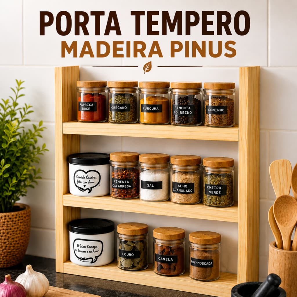 Porta Tempero cozinha Organizador Condimentos Madeira Pinus casa decoração