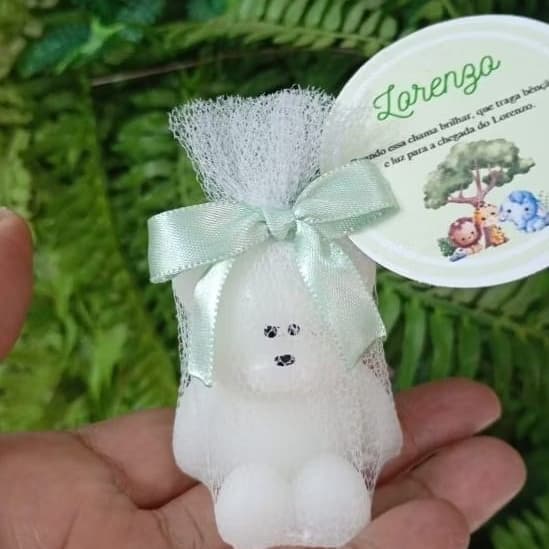 vela aromática, urso no tule com TAG, lembrancinha para aniversário, chá de bebê e chá revelação