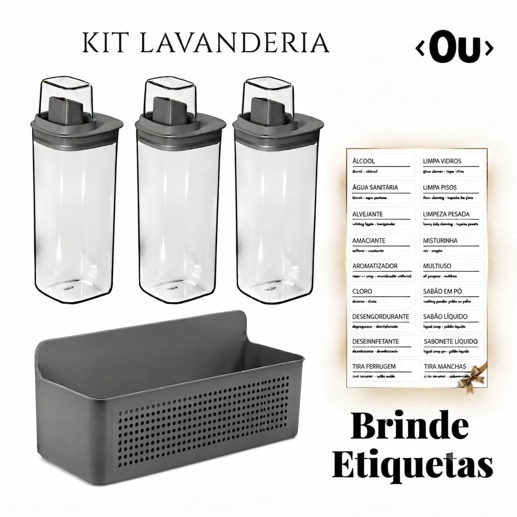 Kit 3 Dispensers 1,5L + Suporte Organizador Parede Sem Furos + Brinde Etiquetas Personalizadas Linha Flow Ou Lavanderia