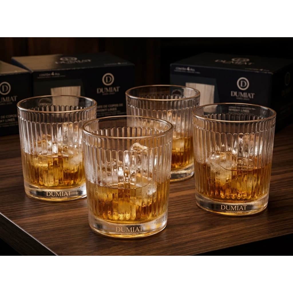 Jogo 4 Copos De Vidro Canelado Lines 340ml Para Whisky Suco Refrigerante