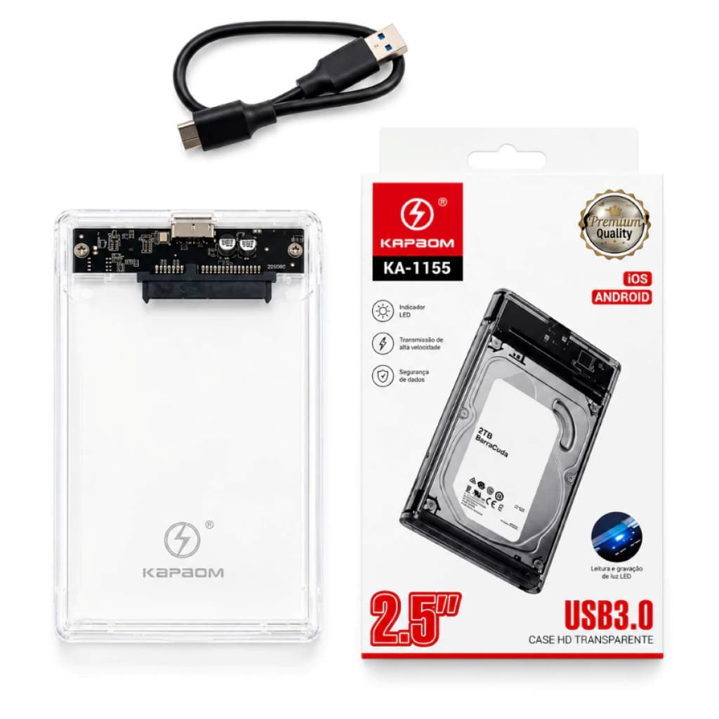 Case HD Externo 2.5 USB 3.0 Kapbom KA-1155 Transparente para HD SSD SATA até 6TB Plug & Play