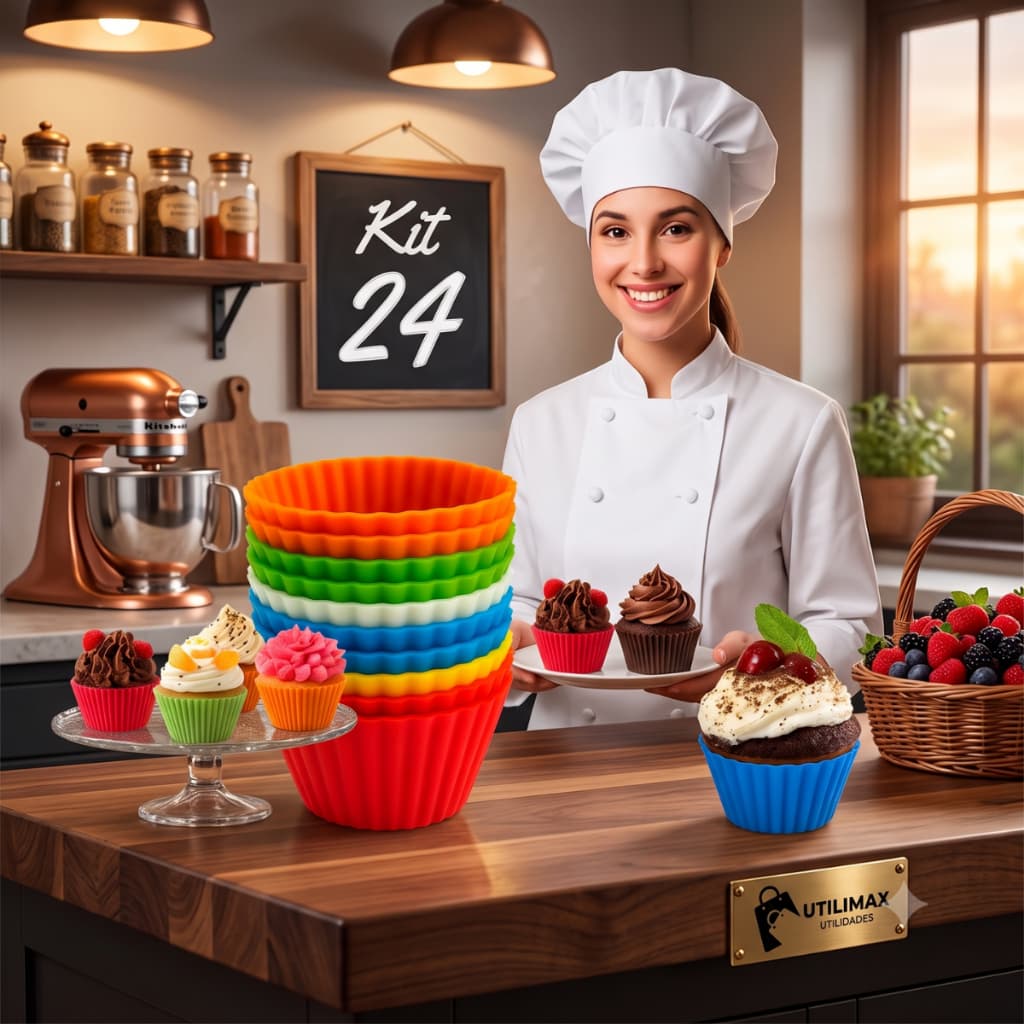 Kit 24 Forminhas de Cupcake Muffin em Silicone de Alta Qualidade Reutilizável Lavável