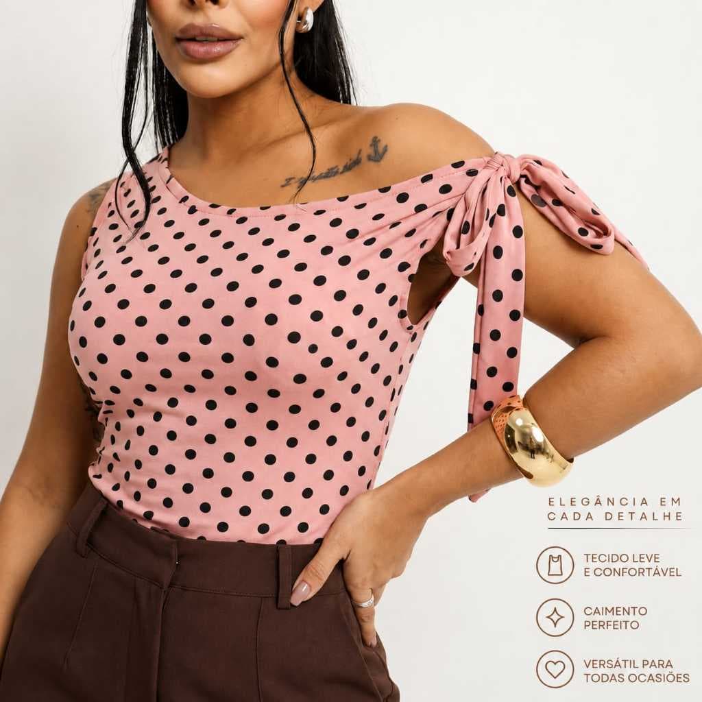 Blusa Feminina Poá Sulplex Romantic Com Amarração No Ombro Regata Tendência
