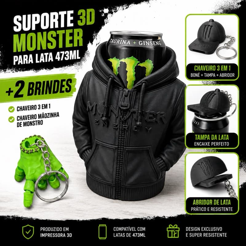 Suporte para Lata Monster 473ml 3D Moletom + 2 Brindes Chaveiro Boné Tampa Abridor