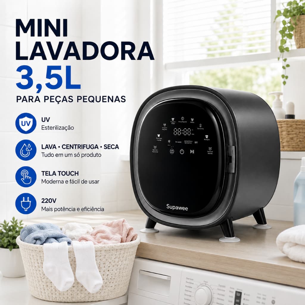 Mini Máquina de Lavar Roupas Portátil 3,5L com Esterilização UV, Tela Touch e Centrifugação