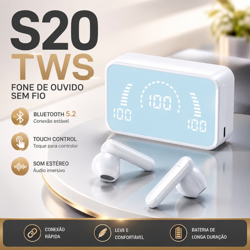 S20 Fones De Ouvido TWS Sem Fio Duplo com Case Suporte de Celular Bluetooth 5.2 IPX5 Com Microfone Esportivo