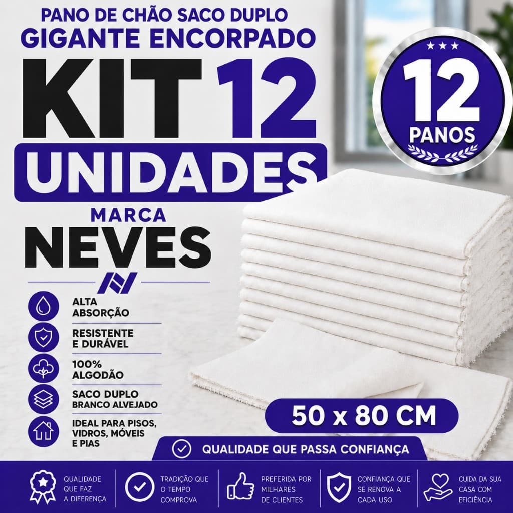 Pano De Chão Extra Grande - 50x80cm Fechado / 100x80cm Aberto Alta Qualidade - Neves - Kit Com 12un
