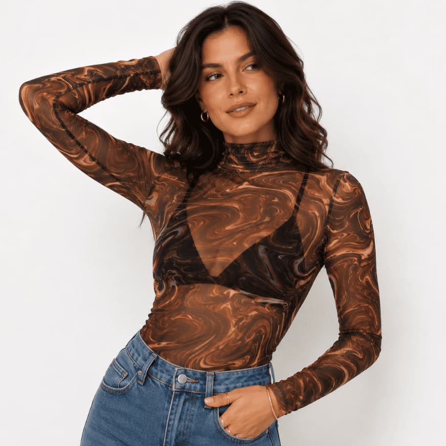 Blusa Cacharrel Feminina Tule Transparente Manga Longa Gola Alta