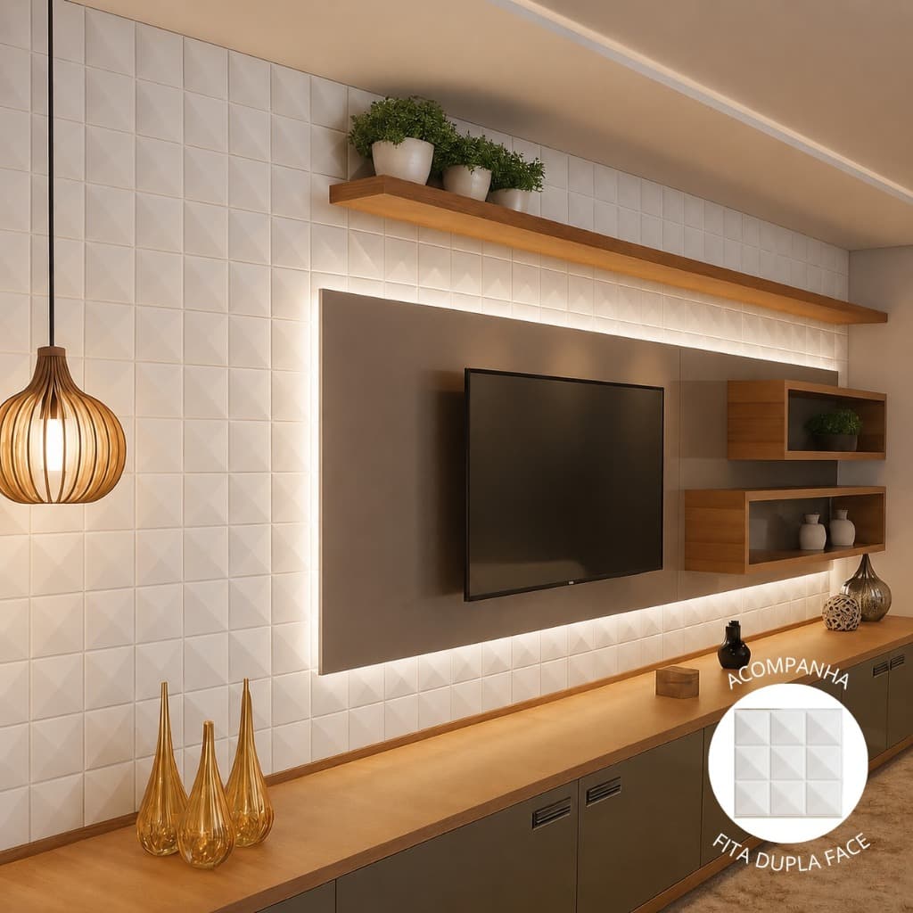 Kit até 100 Placas 3D em PVC 25x25 cm para Revestimento Decorativo de Parede Com Fita Dupla Face