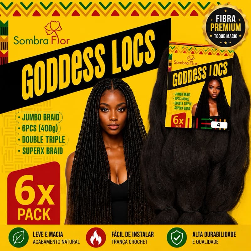 Kit 3/6Goddess Locs Jumbo Braid Cor 4 400g Trança Crochet Cabelo Sintético Fibra Premium Sombra Flor