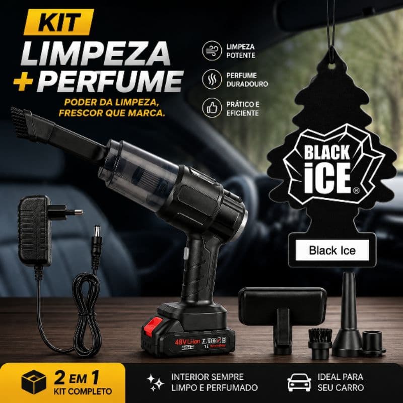 Kit Aspirador Portátil Para Carro + Aromatizador Black Ice Limpeza Automotiva carro novo e cheiroso