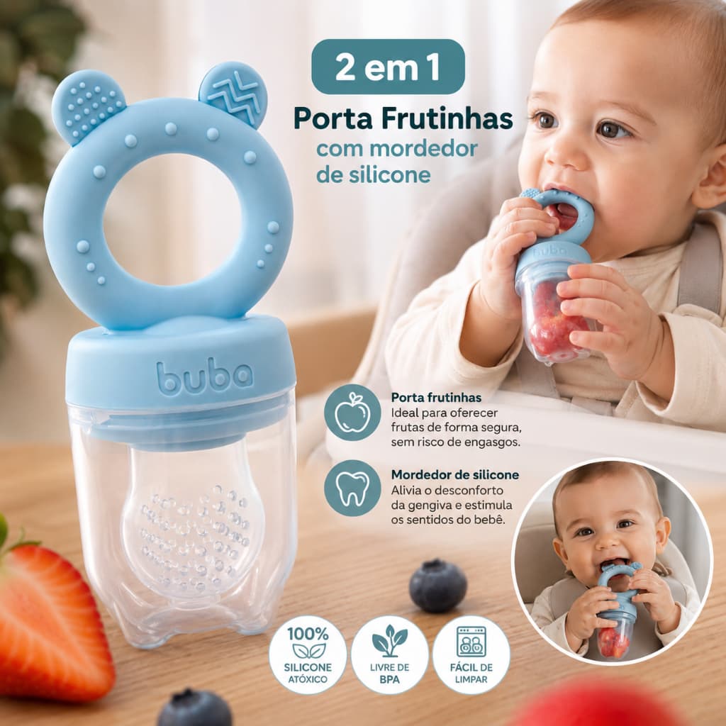 Porta Frutinhas Buba Ursinho Azul - Silicone Seguro, Design Lúdico e Fácil de Limpar