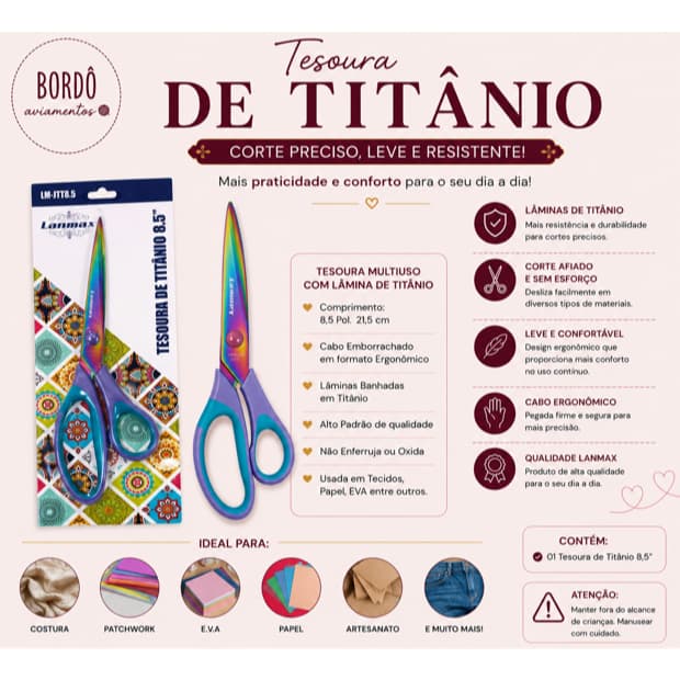 Tesoura Titânio Lanmax Titanium 21,5 CM Costura e Uso Geral