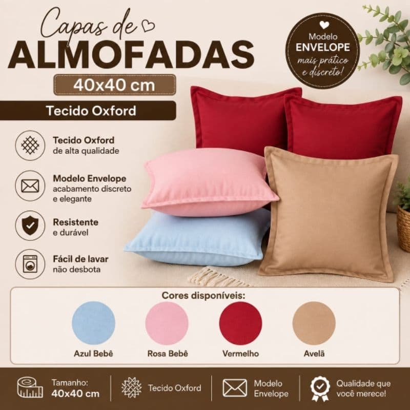 Kit 4 Capas de Almofada 40x40cm Tecido Oxford Modelo Envelope com Debrum para Sofá Cama