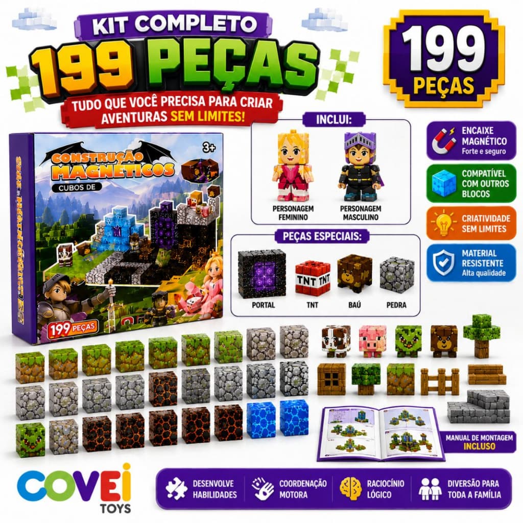 Blocos Magnéticos 199 Peças Kit Infantil Educativo Com Personagens Para Montar Castelos E Aventuras