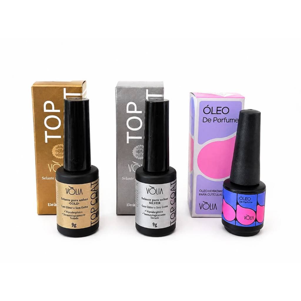 KIT VOLIA TOP COAT GOLD + SILVER + ÓLEO DE CUTICULA PARA CUTICULA - 3 PRODUTOS