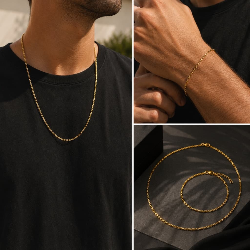 Kit Tijolinho Banhado a Ouro 18K Corrente + Pulseira Masculina, Corrente Tijolinho Masculino, Semijoias Masculinas, Cord
