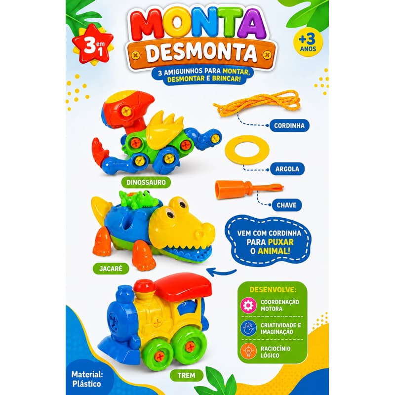 Brinquedo 3 em 1 Monta e Desmonta Dinossauro Jacaré Trem Educativo Infantil com Chave