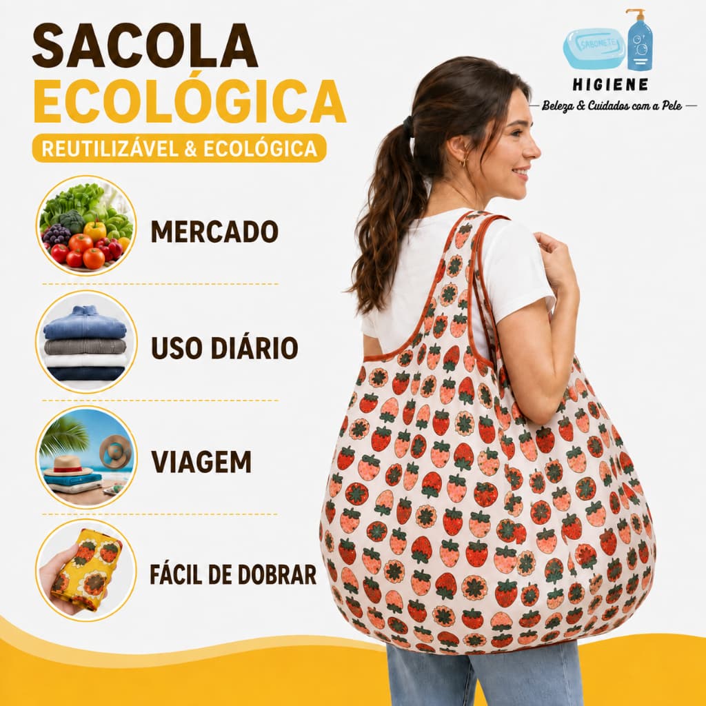 Bolsa Sacola de Ombro Dobrável Reutilizável com Estampa de Morango Leve e Compacta