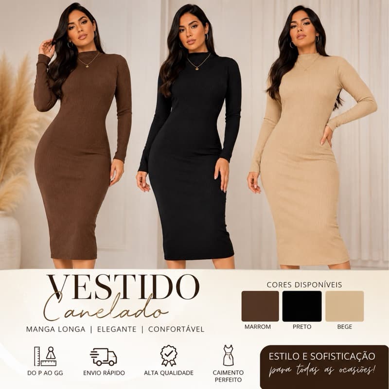 Vestido Feminino Mídi Canelado Manga Longa  Gola Alta Com Fenda Lateral Ribana Inverno Estica bem Envio Imediato