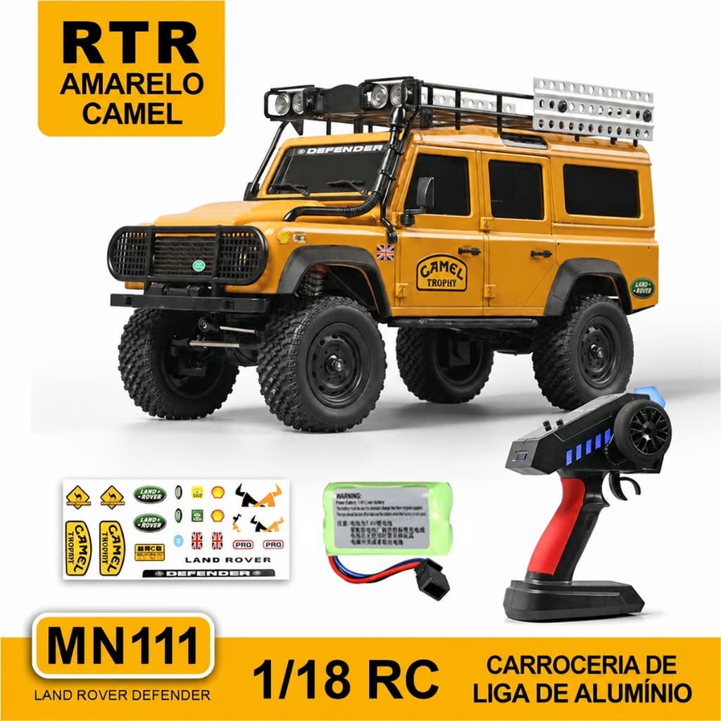 BAMIKA Land Rover Defender Crawler 1/18 RC MN111 RTR 4WD 2.4GHz Controle Proporcional Faróis LED Amarelo Camel Trophy