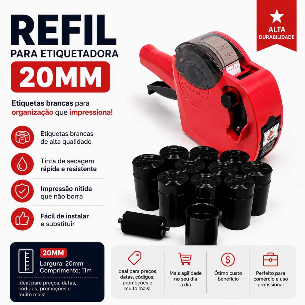 Refil de Tinta 20mm para Etiquetadora Manual Kit 5, 10, 20 e 30 Unidades Rolete de Reposição