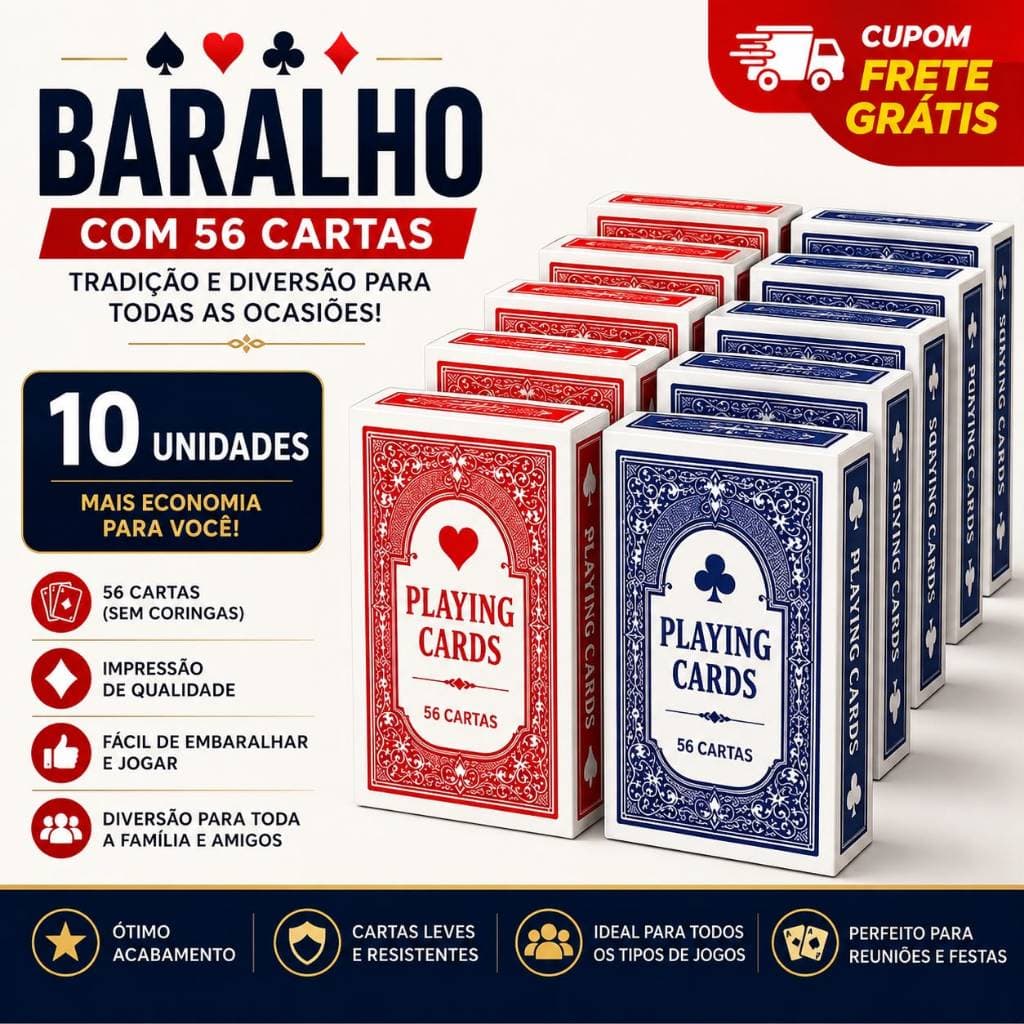 Baralho 56 Cartas de Papel Resistente Alta Qualidade para Truco Poker Buraco e Jogos de Cartas