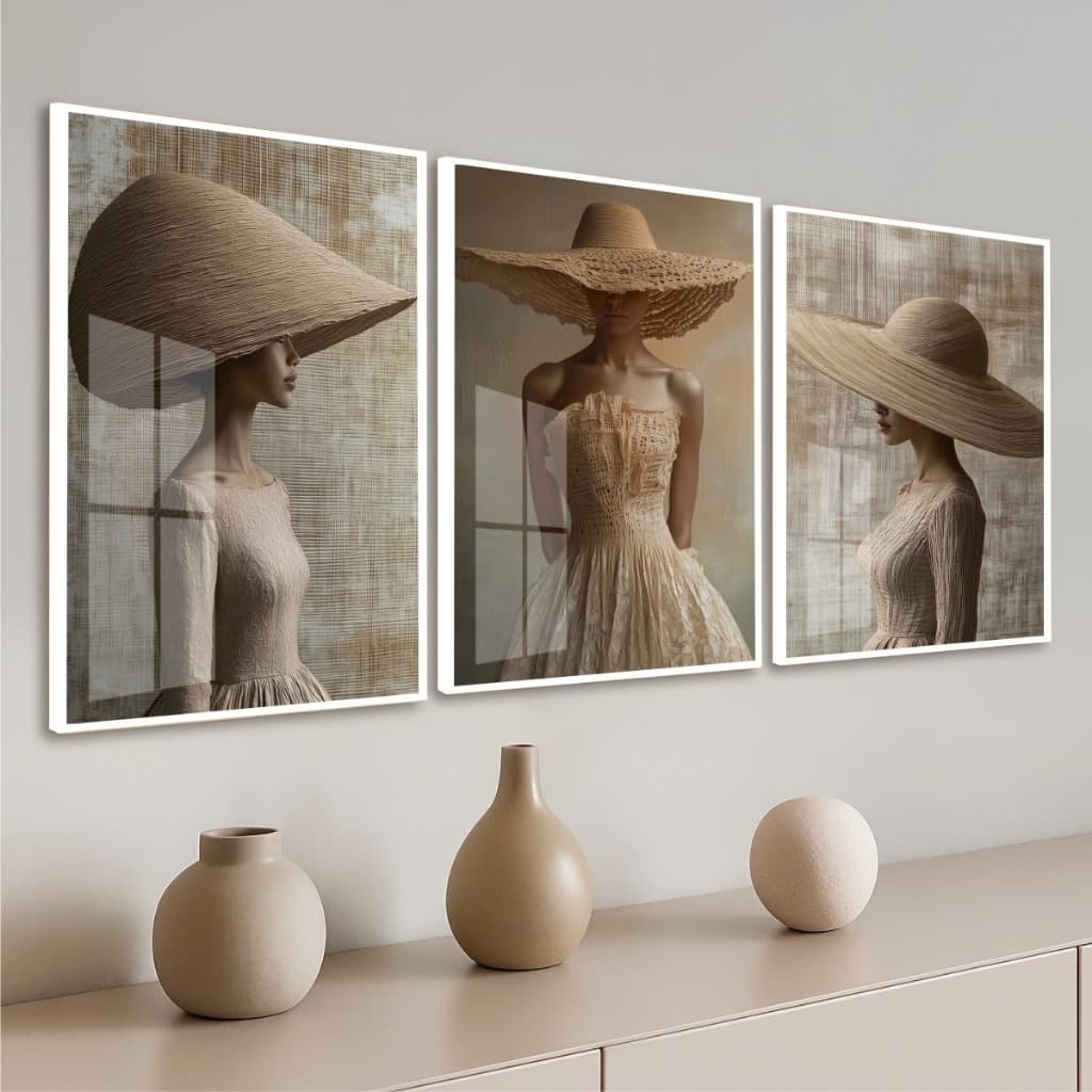Kit Feminino Elegante Tons Terrosos Quadros Com Três Peças Moldura e Vidro Sala Quarto Escritório