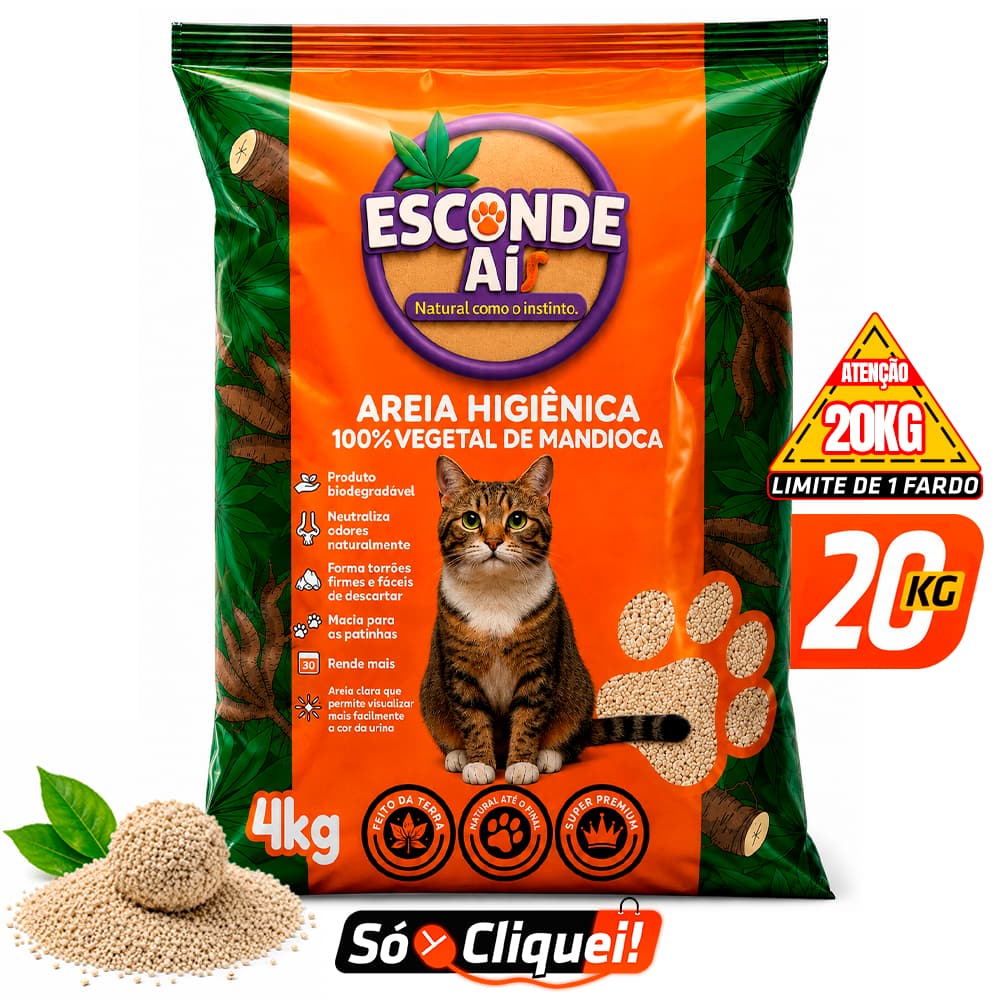 Areia Sanitária Biodegradável Esconde Aí Mandioca 4KG Granulado Higiênico para Gato Forma Torrões Firmes Alta Absorção