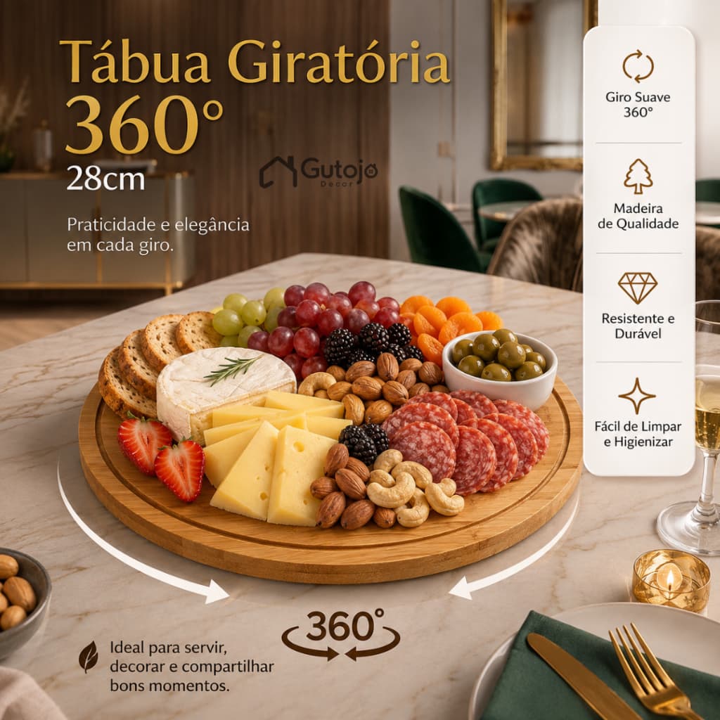 Tabua De Bambu Petisqueira Com Base Giratoria 360° Tábua de Frios Petiscos Giratória 100% Ecológica