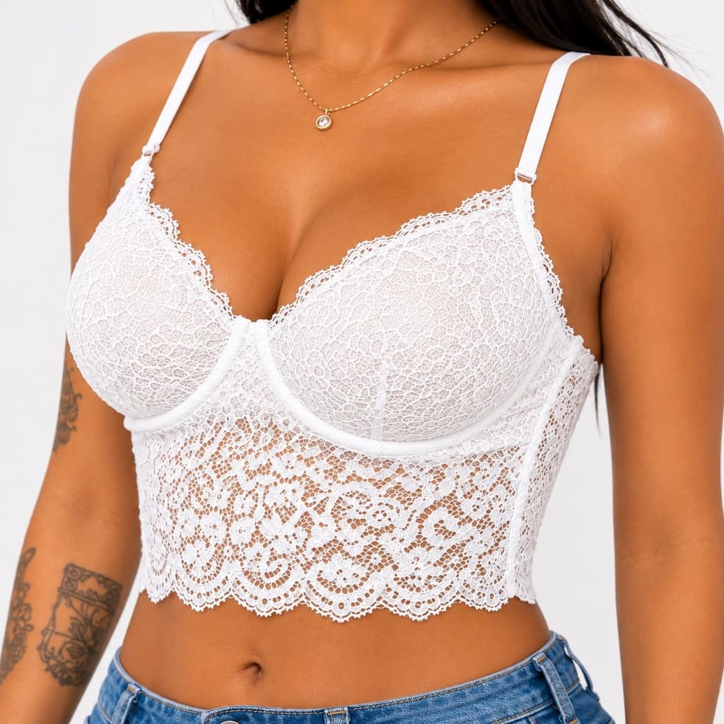 Top Cropped Feminino de Renda com Alças Unica Ajustáveis