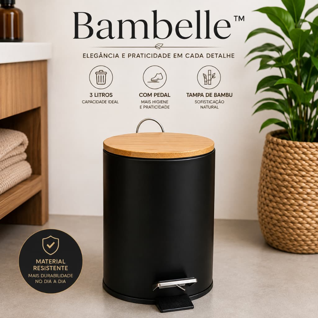 Lixeira Banheiro com Pedal 3 Litros Tampa de Bambu Preta Pequena para Lavabo Quarto Escritório