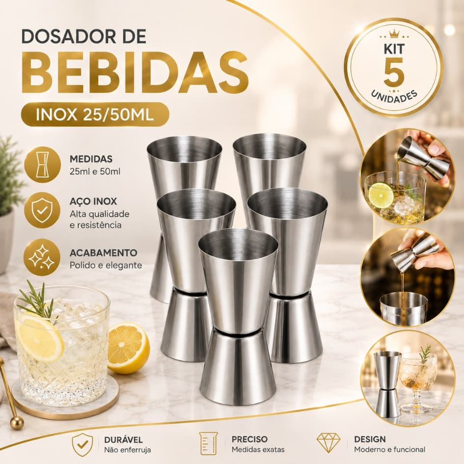 KIT 3 5 10 Dosador Duplo Medidor de Bebidas em Aço Inox 25/50ml Jigger Drinks Coquetéis Bartender Bar