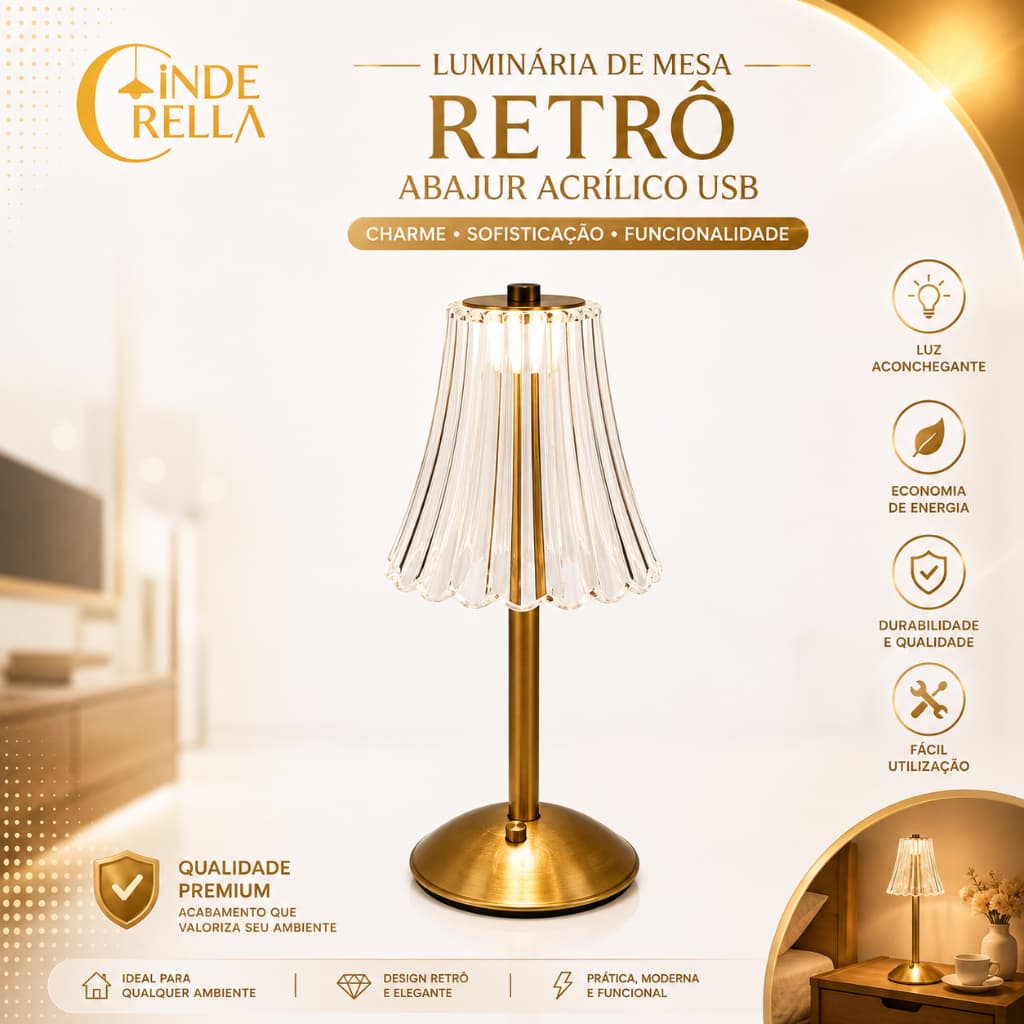 Luminária de Mesa Retrô Abajur Acrílico USB Recarregável LED Toque Dimerizável