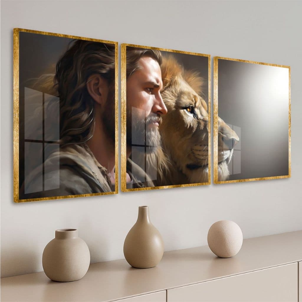 Kit Três Quadros Decorativos Jesus Cristo Leão De Judá Simboliza Fé, Força e Proteção Espiritual