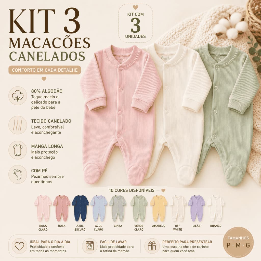 Kit 3 Macacões Canelados Suedine Bebê Manga Longa Com Pé P M G